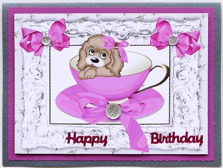 What a Cutie Puppy in a Teacup with Pink Bows A4 by Margaret Dittmann