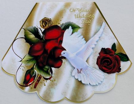 Red Roses with White Dove on Gold Satin Rocker Card by Margaret Dittmann