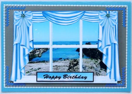 A Room with a View of Cornwall Beach with Drapes A4 by Margaret Dittmann