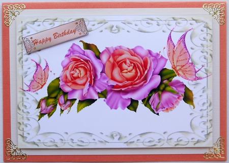 Pink Roses with Butterflies in Ornate Frame A4 by Margaret Dittmann