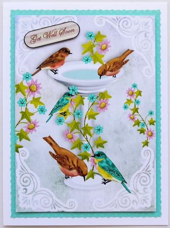 Bird Bath with Little Birds and Flowers A4 by Margaret Dittmann