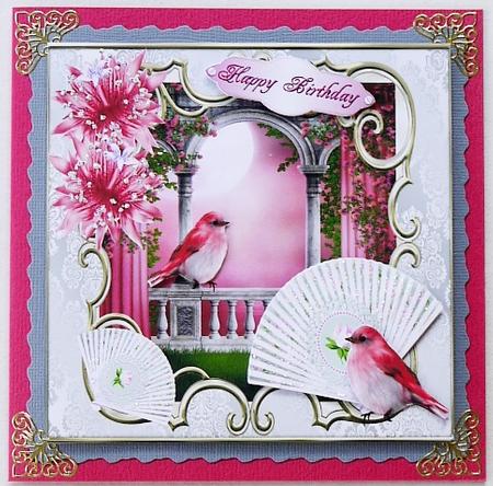 Pretty Pink Birds with Fans and Flowers 8x8 by Margaret Dittmann
