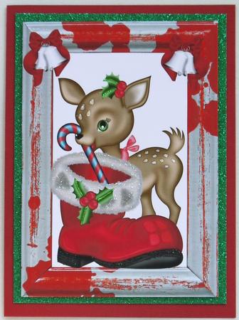 Cute Deer with Santa Boot & Candy Cane A4 by Margaret Dittmann