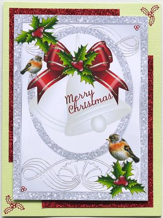 White Christmas Bells with Red Bow & Robins A4 by Margaret Dittmann