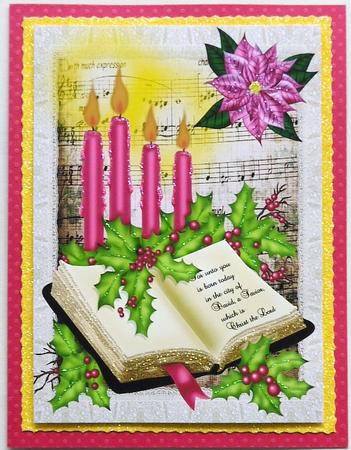 Pink Candle with Holly and Poinsettia A4 by Margaret Dittmann