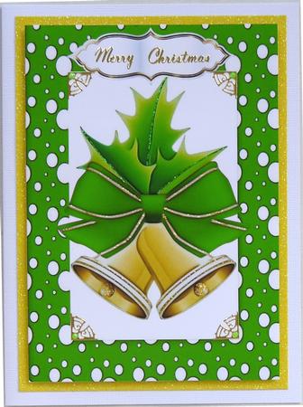 Christmas Bells with Holly in Green Snow Frame A4 by Margaret Dittmann