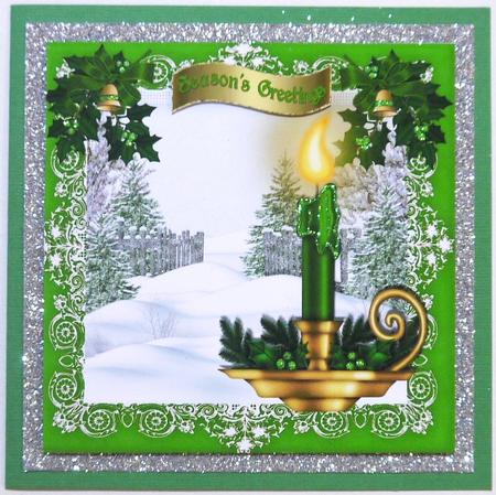 Pretty Green and Gold Candle with Snow Scene 8x8 by Margaret Dittmann