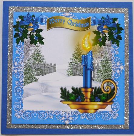 Pretty Blue and Gold Candle with Snow Scene 8x8 by Margaret Dittmann
