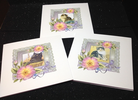 6 x Vintage Kitten Cats Roses & Lace Greetings Toppers by Margaret Hanning