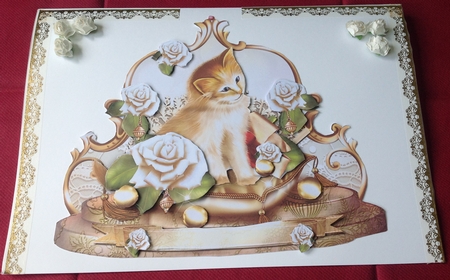Beautiful Little Cat with Soft White Roses in Vintage Style by Margaret Hanning