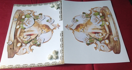Beautiful Little Cat with Soft White Roses in Vintage Style by Margaret Hanning