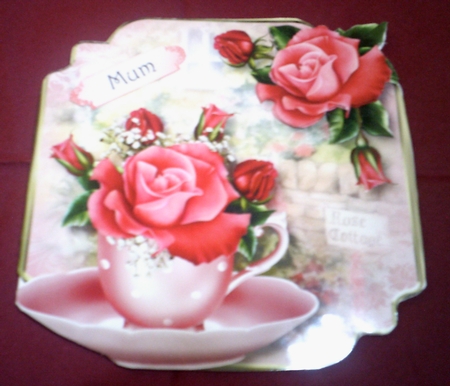 Teacup, Saucer & Deep Pink Roses - Shaped Topper by Margaret Hanning