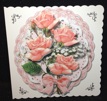 Beautiful Triple Frill Doilie with Pink Roses  by Margaret Hanning