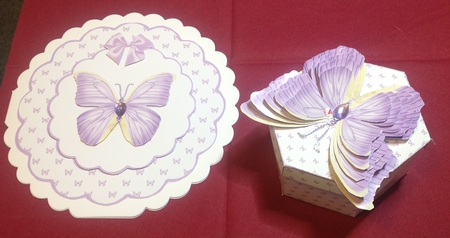 Hexagonal butterfly box and rocker card (lilac) by Margaret Hanning