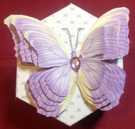 Hexagonal butterfly box and rocker card (lilac) by Margaret Hanning