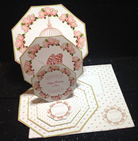 Pink floral octagonal triple easel card with matching envelope by Margaret Hanning