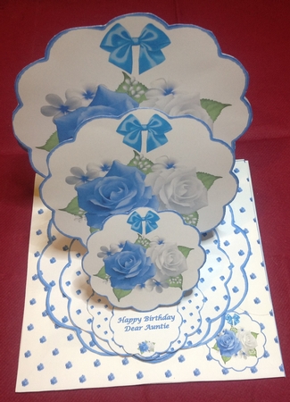 Blue and white floral scalloped triple easel card with matching envelope by Margaret Hanning
