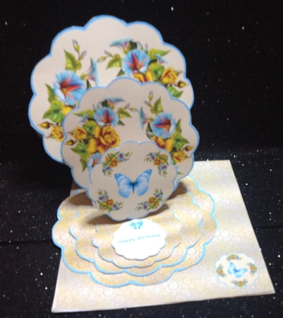 Beige floral scalloped triple easel card with matching envelope by Margaret Hanning