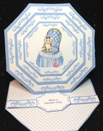 Blue cute kitten octagonal easel card with matching envelope by Margaret Hanning
