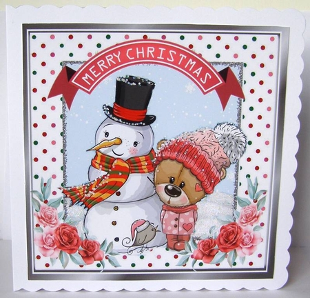 Cute teddy in winter hat with snowmen in dotty frame 8x8 by Margaret McCartney