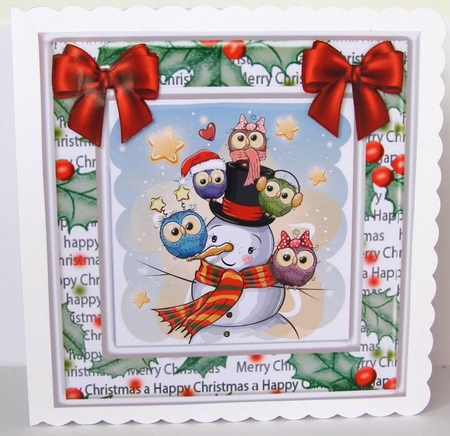 Cute owls sitting on a snowman with red bows card front 8x8 by Margaret McCartney