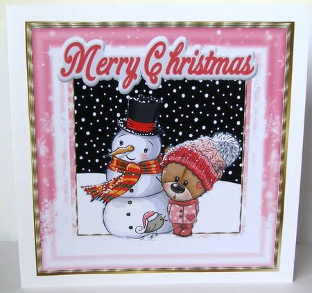 Cute teddy in pink knitted hat with snowman 8x8 by Margaret McCartney