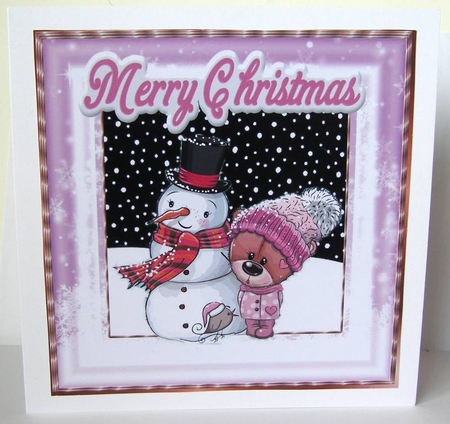 Cute teddy in lilac knitted hat with snowman 8x8 by Margaret McCartney