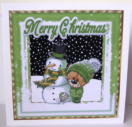 Cute teddy in green knitted hat with snowman 8x8 by Margaret McCartney