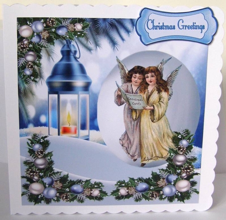 Pretty snow scene with lamp and vintage angels 8x8 by Margaret McCartney