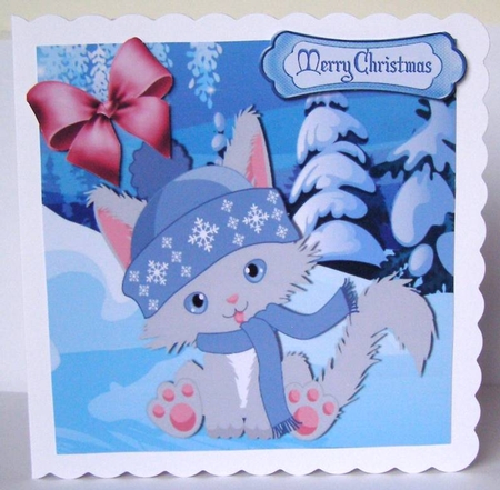 Cute kitty all wrapped up for winter in blue 7x7 by Margaret McCartney