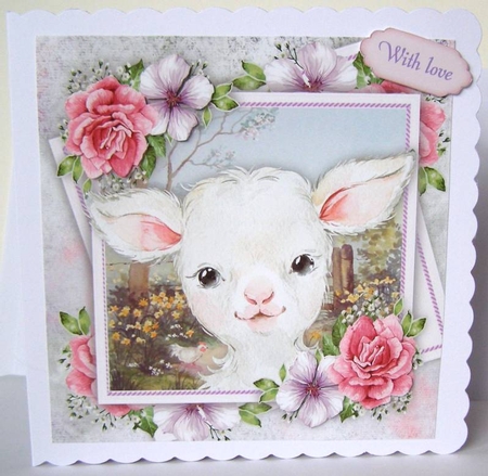 Beautiful Lamb With Pink Roses 8x8 by Margaret McCartney