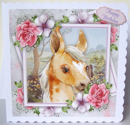 Beautiful Horse With Pink Roses 8x8 by Margaret McCartney