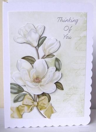White Magnolias Thinking of You Card Front with Decoupage by Margaret McCartney