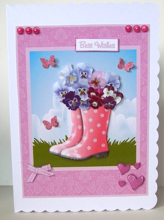 Rainboots and flowers female birthday greeting card by Margaret McCartney