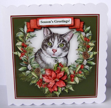 Christmas Poinsettias Watercolour Grey & White Tabby Cat - 6 x 6 Card Topper With Decoupage & Tags by Margaret McCartney