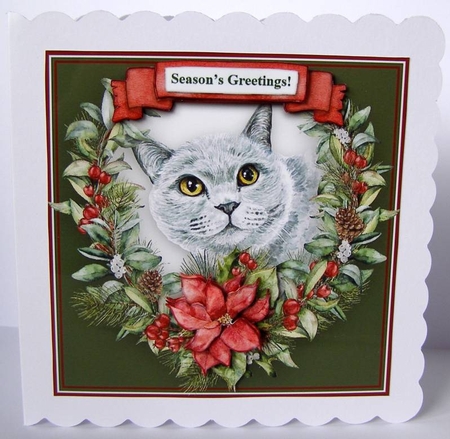 Christmas Poinsettias Watercolour Grey Cat - 6 x 6 Card Topper With Decoupage & Tags by Margaret McCartney