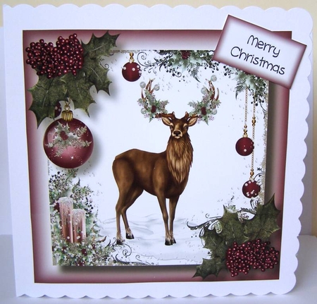 Christmas Stag & Holly Berries 8x8 by Margaret McCartney