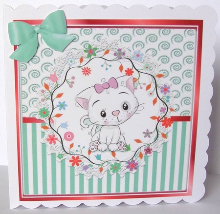 Cute white kitten in pink with stripe ornate frame 8x8 by Margaret McCartney