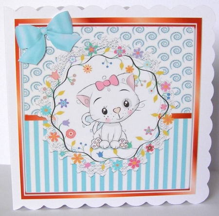 Cute white kitten in turq stripe ornate frame 8x8 by Margaret McCartney