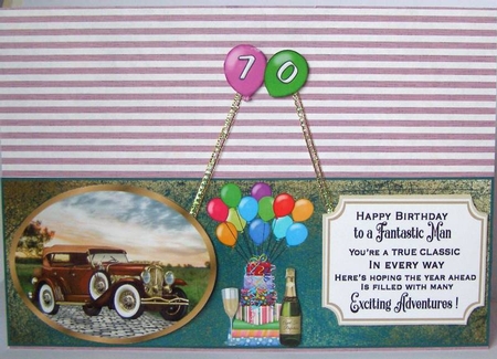 Age 50-90 Vintage car Birthday card front by Margaret McCartney
