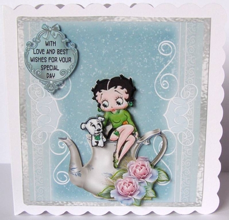Bettys Birthday Tea - 6x6 inch card front with decoupage by Margaret McCartney
