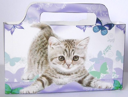 cute kitten with purple butterflies tote gift bag by Margaret McCartney