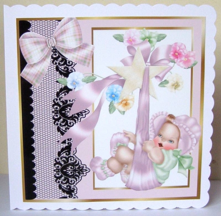 Pretty pink black lace border with baby girl on swing 8x8 frame by Margaret McCartney