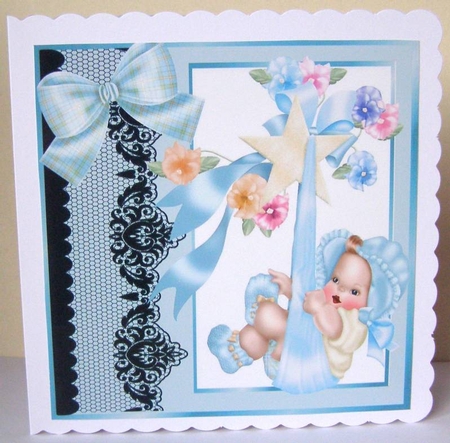 Pretty pink black lace border with baby boy on swing 8x8 frame by Margaret McCartney