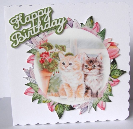 pretty flower frame toppers in pink with kittens,  toppers/inserts by Margaret McCartney