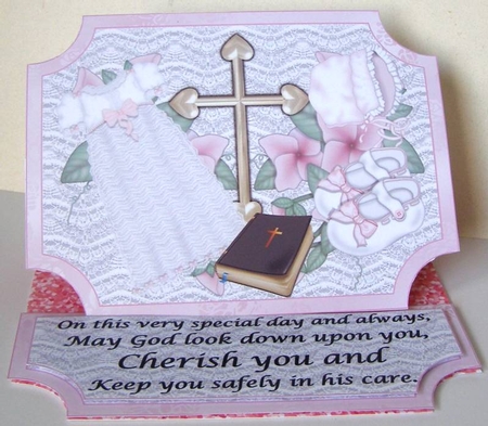 Pink Christening easel topper and stopper(no card base) by Margaret McCartney
