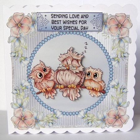 The Owl Family - 6x6 inch card front with decoupage by Margaret McCartney