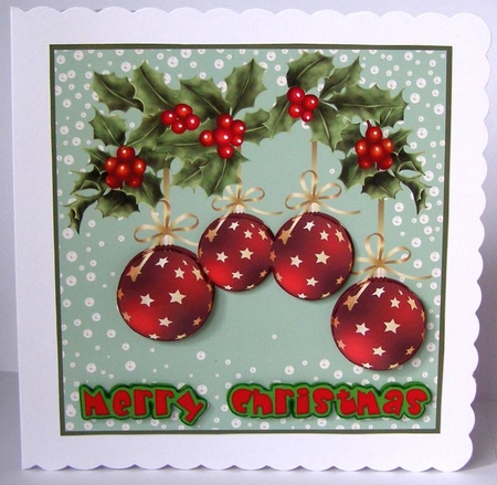 Red and green Merry Christmas bauble card front by Margaret McCartney