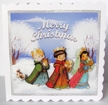 Three Kings and a Dog - 6x6 inch card front with decoupage, by Margaret McCartney