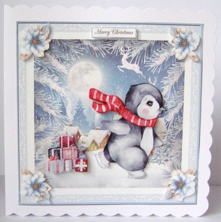 Christmas Skating Penguin 7x7ins Topper 1 by Margaret McCartney